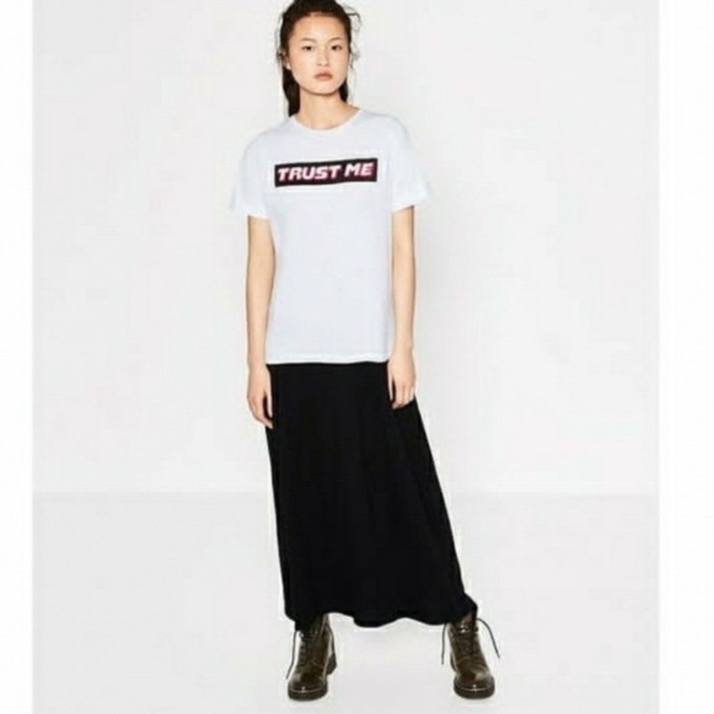 Zara Trafaluc Trust Me Maxi Dress SZ M White Black Graphic Short Sleeve
